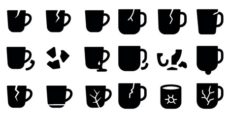 Poster - Broken cup silhouette icons set – shattered, cracked, repair symbols for design