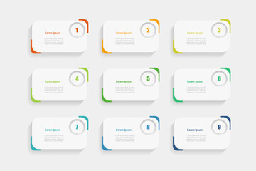 Wall Mural - For business concept with 9 steps infographics, arrow shape with multicolor label, design for workflow layout, diagram, annual report, web design. vector illustration