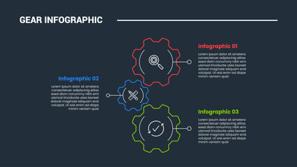 Aufkleber - Gear shape infographic process diagram with big and small size movement mechanism with dark background bright outline style and 3 stages
