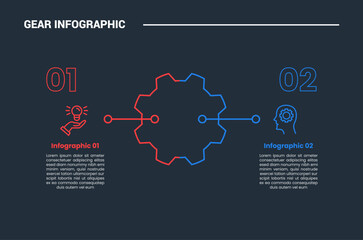 Aufkleber - Gear shape infographic process diagram with balance opposite comparison left and right with dark background bright outline style and 2 stages