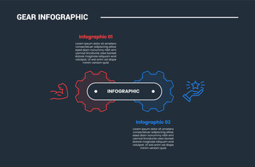 Aufkleber - Gear shape infographic process diagram with side by side with round shape connector with dark background bright outline style and 2 stages