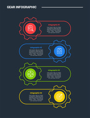 Aufkleber - Gear shape infographic process diagram with round rectangle with gear opposite direction stacked list with dark background bright outline style and 4 stages