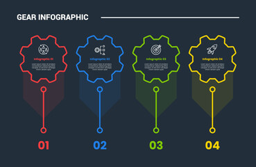 Aufkleber - Gear shape infographic process diagram with big gear with tall vertical line standing with dark background bright outline style and 4 stages