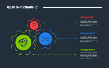 Aufkleber - Gear shape infographic process diagram with big and small gear circular movement mechanism with dark background bright outline style and 3 stages