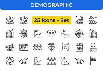 Poster - Demographic Population Statistics Line Art Icons Set with Simple Data Graph Elements and Group of People Symbols for Infographic Analysis