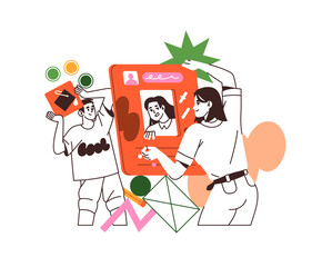 Fototapete - Concept of UX UI design. Creative designers create new user interface for mobile app. Team of creators does redesigns, updates GUI. UIUX development. Flat isolated outline vector illustration on white