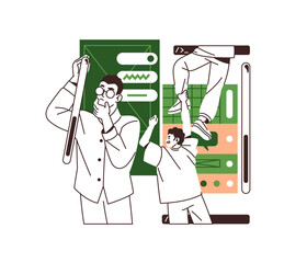  - Concept of mobile app development. Frontend team creates screens, redesigns user interface. Designers update UX UI design of wireframes. Flat isolated outline vector illustration on white background