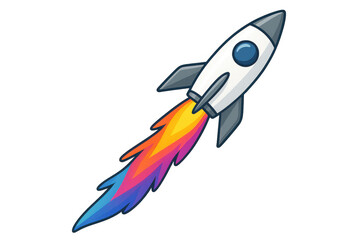 Canvas Print - colorful cartoon rocket soaring upward, trailing rainbow-hued path against transparent backdrop, sym