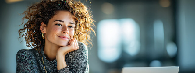 Poster - Young Businesswoman Working on Laptop in Modern Office Setting with a Bright Smile and Creative Ideas