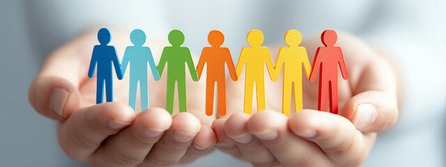 Poster - Two hands gently hold vibrant cutouts of people, showcasing unity and collaboration. This image represents teamwork and community spirit in a supportive environment.