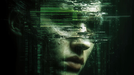 Poster - This artwork features a captivating portrait with digital glitch effects, exploring themes of technology and identity in a surreal and abstract environment.