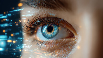 Poster - Close-Up Profile of a Woman with Digital Data Overlay on Her Face, Showcasing Futuristic Technology and AI Concepts Merging Human and Digital Elements