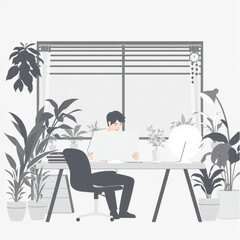A web developer working late in a softly-lit office full of indoor plants