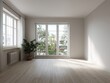 © Bouchra - A large empty room with a white wall and a window. A potted plant is sitting in front of the window