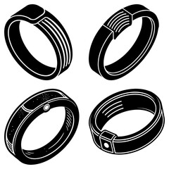 Poster - Illustration of four distinct black rings with varying designs and details on a white background surface