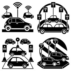 Poster - Various depictions of autonomous vehicles connected via wifi in a black and white graphic design style