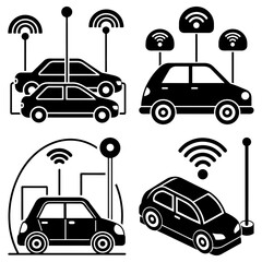 Poster - Illustration of connected cars with wifi signals above them in various arrangements and perspectives