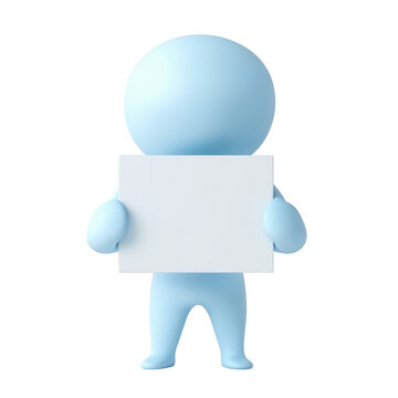 Blue 3d icon user character holding a blank white sign, perfect for adding custom messages, on a transparent background