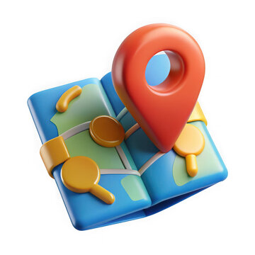 3d stylized map with red location pin and yellow markers isolated on transparent background
