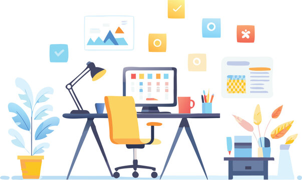 Illustration of a modern home office setup with a desk, chair, computer and various accessories