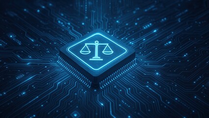 Microchip with glowing justice symbol at center of circuit board surrounded by digital lines, symbolizing law, tech systems, AI Governance, and Data Ethics concepts