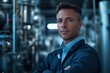 © Pooji Josh - Portrait of a project manager in a modern industrial factory, seen from a low angle, emphasizing leadership in a high-tech manufacturing environment, Generative AI