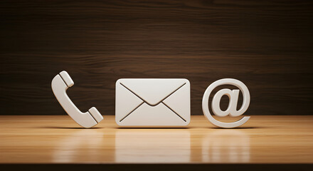 Poster - Contact Information White Phone Envelope and At Sign in 3D Render on Wood Surface with Soft Lighting