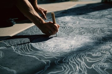 Wall Mural - Creation Learning Guide concept. An artist creates intricate designs on a textured surface with a tool.