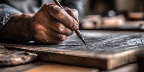 Wall Mural - Creation Learning Guide concept. A hand sketching on wood, showcasing craftsmanship and artistry.