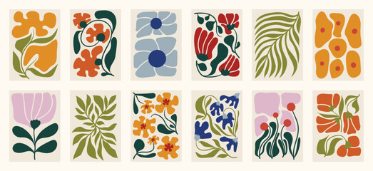 Wall Mural - Flower doodle background art vector set. Botanical and leaves abstract shape doodle art design for print, wallpaper, clipart, wall art for home decoration.