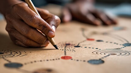 Wall Mural - Creation Learning Guide concept. A hand drawing intricate designs on paper with colored dots and lines.