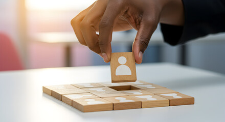 Poster - Hand Completes Puzzle with Person Icon Light Brown Blocks Teamwork Concept