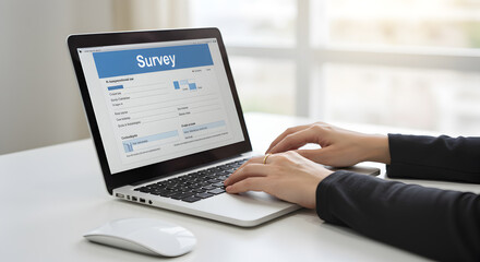 Poster - Hands Typing on Laptop Displaying Survey Form on White Desk in Bright Room with Softly Blurred Window and Keyboard Detail