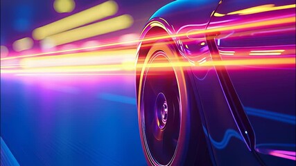 Poster - Futuristic sports car night, through is a neon lit city at speeding leaving trails of light in its wake video 4k
