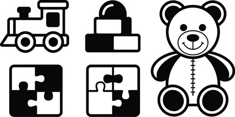 Fototapete - A collection of black and white toy icons including a train and a teddy bear