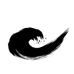 Poster - A black ink brush stroke forming a wave with droplets on a white background