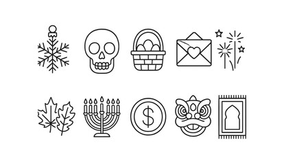 Poster - Festive, holiday outline icon set. winter, celebration, seasonal icons outline design
