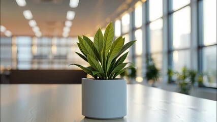 Poster - Potted and environment, a touch of plant to a blurred, sunlit office adds creating a calming nature productive workspace video 4k