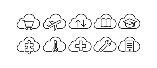 Poster - Cloud services line icon set. technology, education, health, cloud line style icons