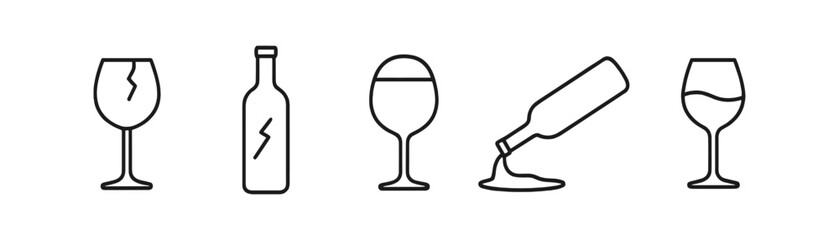 Poster - Wine and beverage outline icon set. glass, bottle, drink, line art collection