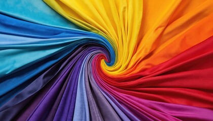 Poster - Vibrant rainbow fabric swirl dynamic textile art with smooth, flowing textures. Shades of blue, purple, red, orange, yellow create spiraling, modern design. Elegant curves, folds, shadows add depth.