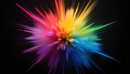 Poster - Explosion of vibrant rainbow colors against dark background. Dynamic, energetic bursts of pigment create sense of movement, creativity. Colors blend, radiate, offering futuristic, magical, artistic