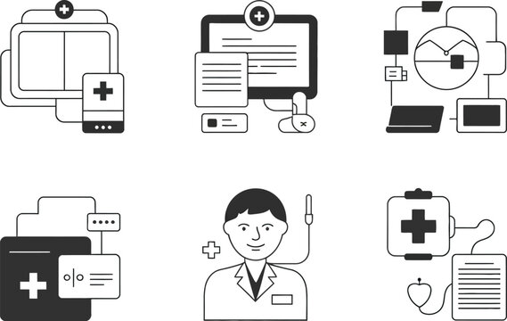A collection of six medical icons depicting various aspects of healthcare services
