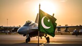Fighter jet and flag at sunset