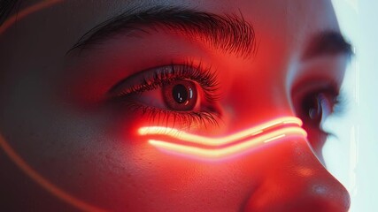 Poster - Close-Up of Human Eye with Neon Light Reflection and Futuristic Aesthetic Vibrant Tone