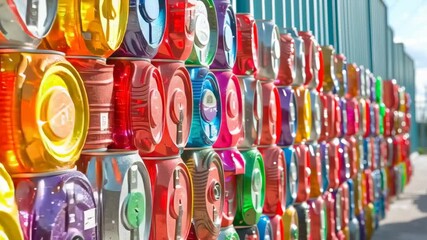 Poster - Colorful Stacked Cans in a Bright Outdoor Environment with Clear Blue Sky Background