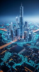 Poster - Futuristic cityscape with glowing connections, circuit board details, and towering skyscrapers, representing technology and urban development.