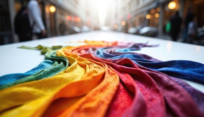 Aufkleber - Abstract rainbow ribbons swirl across white surface, featuring vibrant colors, textured details. City lights softly blur in background, creating dynamic, modern feel. Flowing, wave-like design evokes