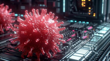Poster - Red Virus Structure on Futuristic Circuit Board with Glowing Elements and Digital Background