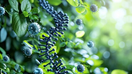Poster - Microscopic View of Viruses and DNA Structures Among Lush Greenery in Soft Focus Background
